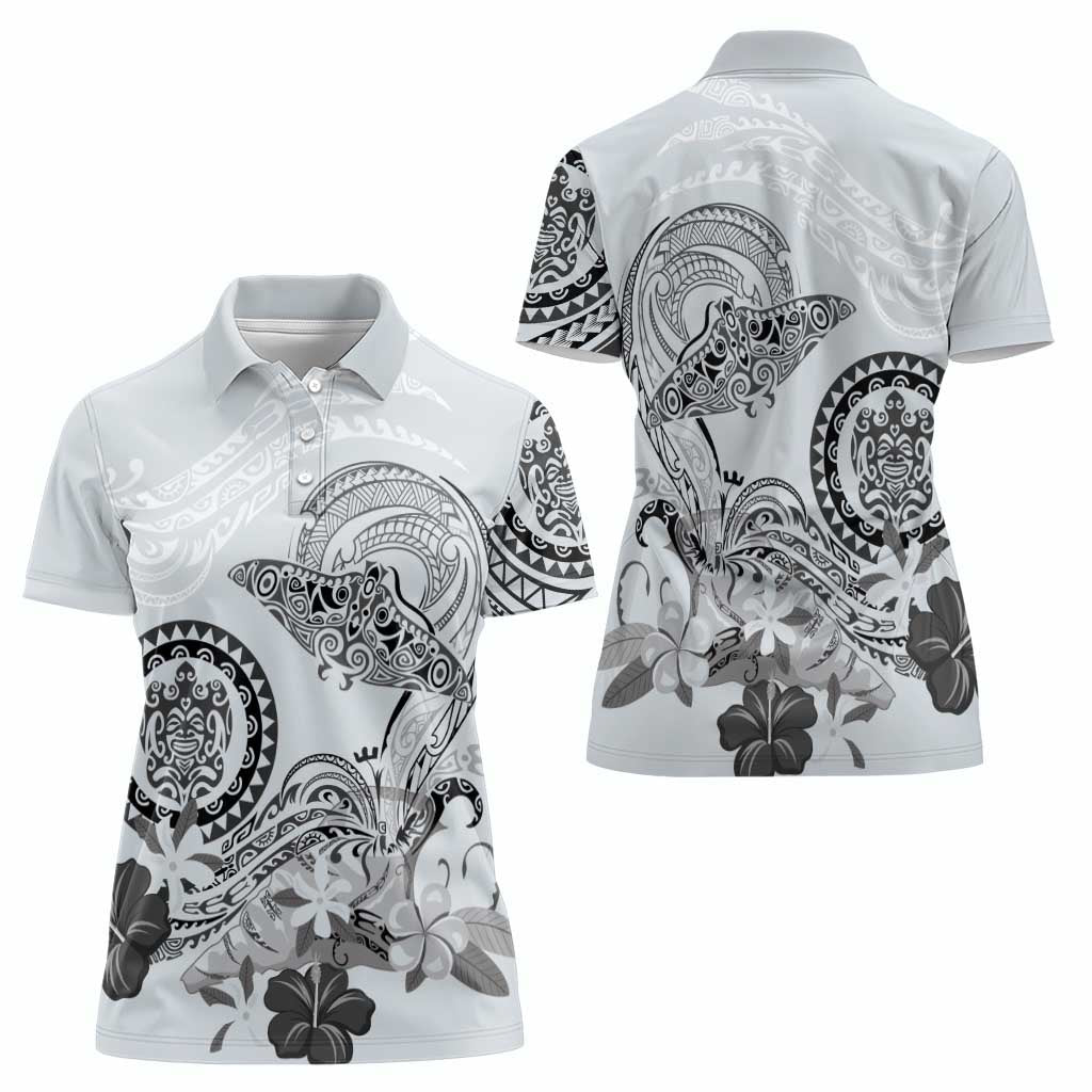 Polynesian Manta Ray Women Polo Shirt Gray Floral Turtle Tattoo - Polynesian Pride