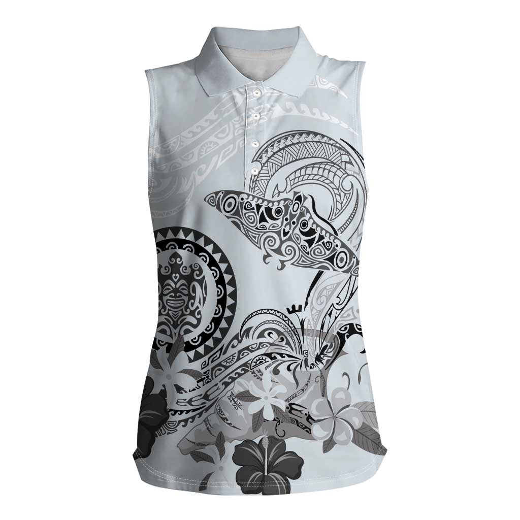Polynesian Manta Ray Women Sleeveless Polo Shirt Gray Floral Turtle Tattoo - Polynesian Pride