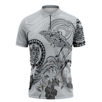 Polynesian Manta Ray Zipper Polo Shirt Gray Floral Turtle Tattoo - Polynesian Pride