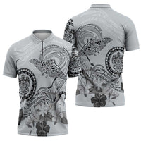 Polynesian Manta Ray Zipper Polo Shirt Gray Floral Turtle Tattoo - Polynesian Pride