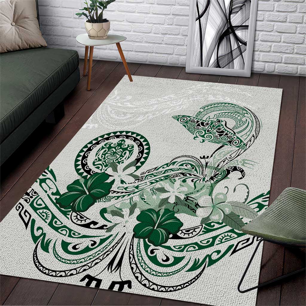 Polynesian Manta Ray Area Rug Green Floral Turtle Tattoo - Polynesian Pride