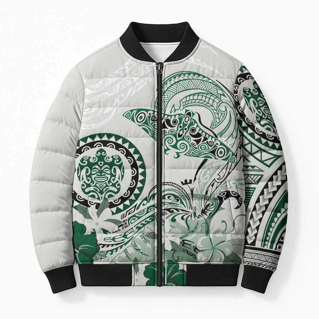 Polynesian Manta Ray Bomber Puffer Jacket Green Floral Turtle Tattoo - Polynesian Pride