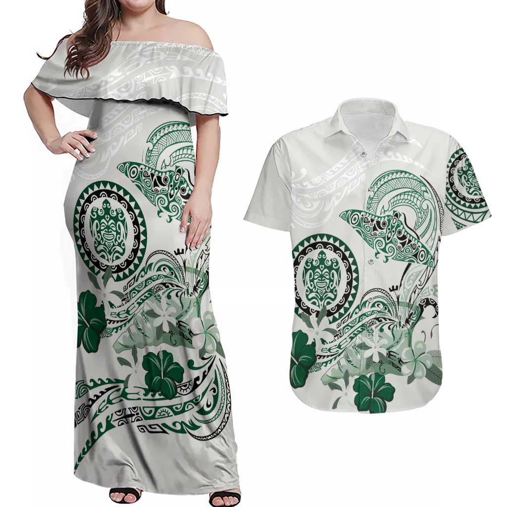 Polynesian Manta Ray Couples Matching Off Shoulder Maxi Dress and Hawaiian Shirt Green Floral Turtle Tattoo - Polynesian Pride