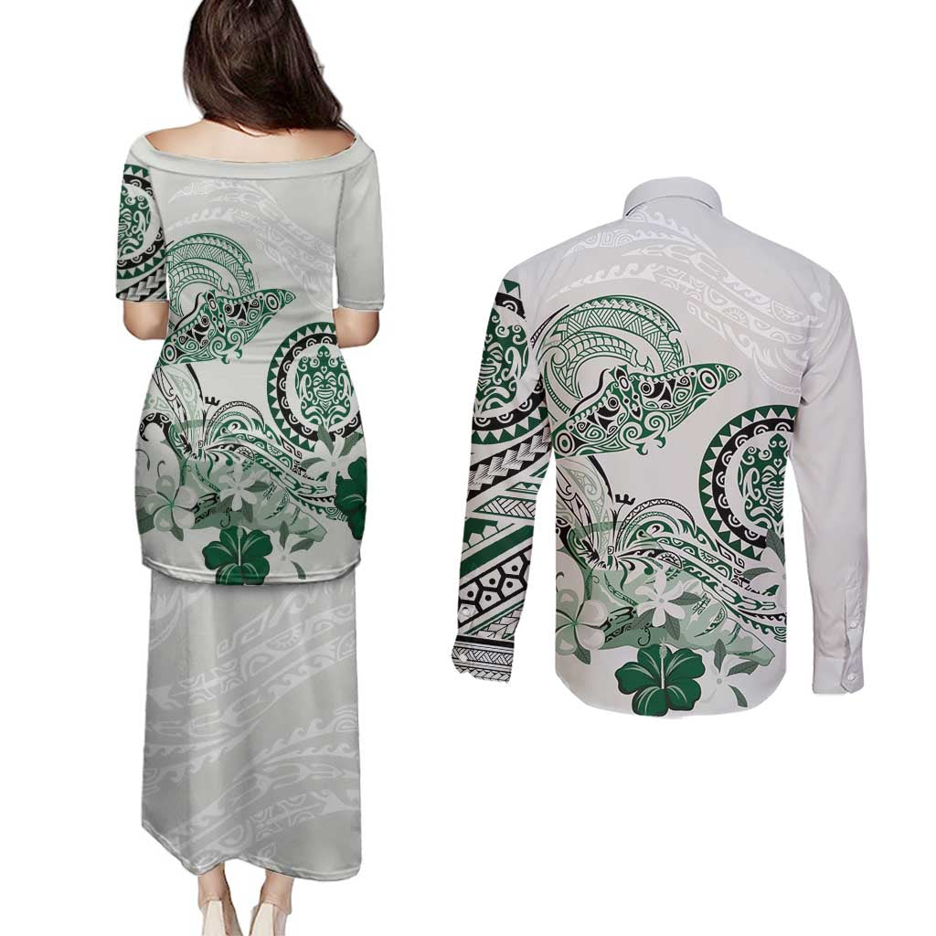 Polynesian Manta Ray Couples Matching Puletasi and Long Sleeve Button Shirt Green Floral Turtle Tattoo - Polynesian Pride