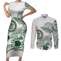 Polynesian Manta Ray Couples Matching Short Sleeve Bodycon Dress and Long Sleeve Button Shirt Green Floral Turtle Tattoo - Polynesian Pride