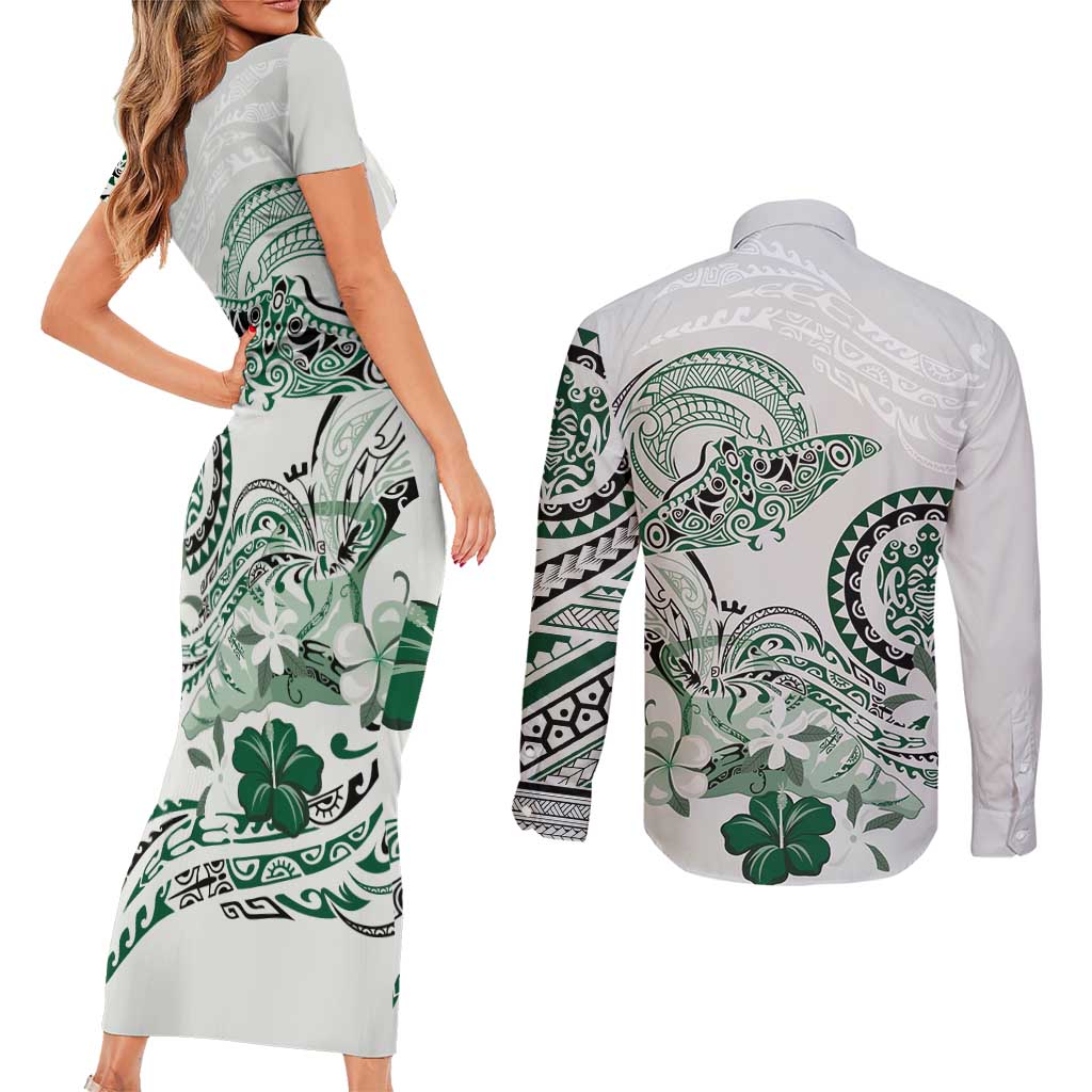 Polynesian Manta Ray Couples Matching Short Sleeve Bodycon Dress and Long Sleeve Button Shirt Green Floral Turtle Tattoo - Polynesian Pride