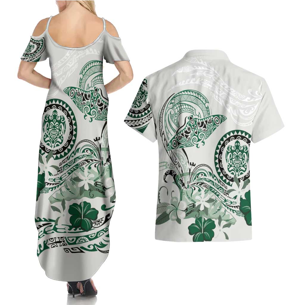 Polynesian Manta Ray Couples Matching Summer Maxi Dress and Hawaiian Shirt Green Floral Turtle Tattoo - Polynesian Pride