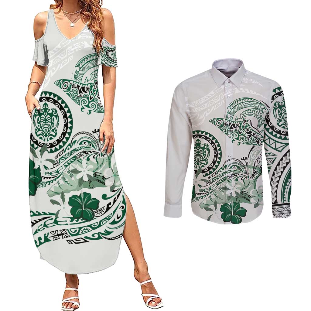 Polynesian Manta Ray Couples Matching Summer Maxi Dress and Long Sleeve Button Shirt Green Floral Turtle Tattoo - Polynesian Pride