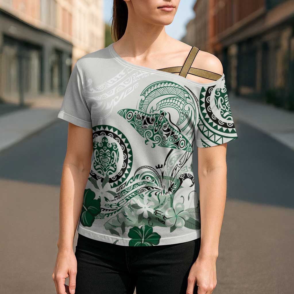 Polynesian Manta Ray Cross Shoulder Shirt Green Floral Turtle Tattoo - Polynesian Pride