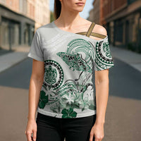 Polynesian Manta Ray Cross Shoulder Shirt Green Floral Turtle Tattoo - Polynesian Pride