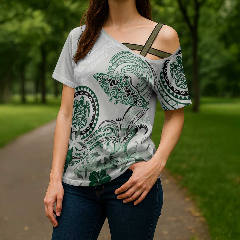 Polynesian Manta Ray Cross Shoulder Shirt Green Floral Turtle Tattoo - Polynesian Pride