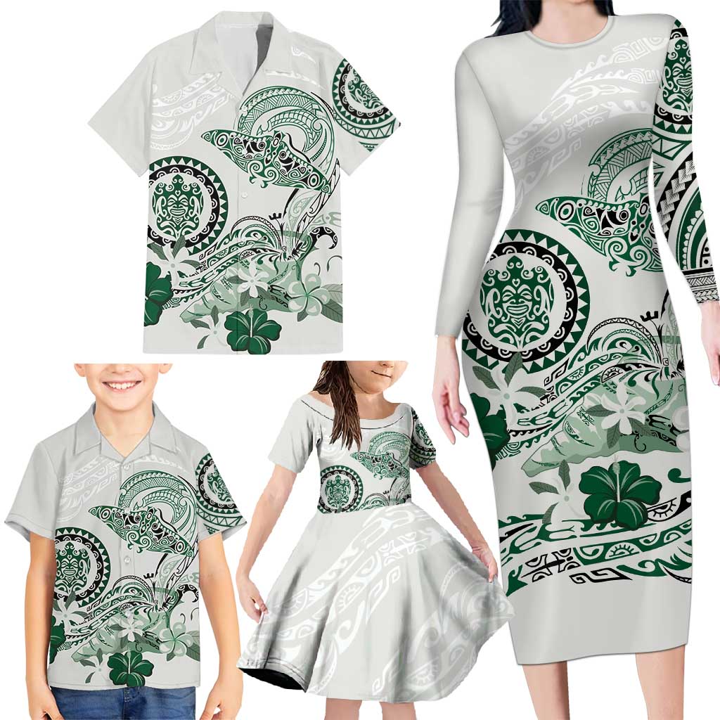 Polynesian Manta Ray Family Matching Long Sleeve Bodycon Dress and Hawaiian Shirt Green Floral Turtle Tattoo - Polynesian Pride