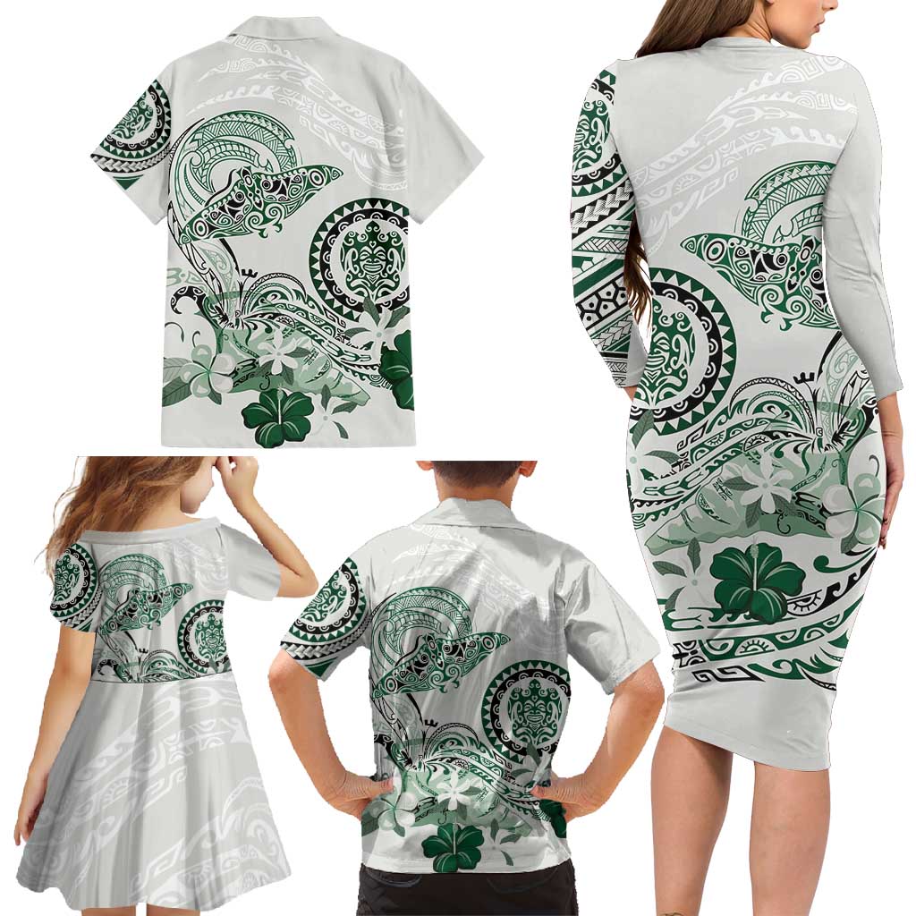 Polynesian Manta Ray Family Matching Long Sleeve Bodycon Dress and Hawaiian Shirt Green Floral Turtle Tattoo - Polynesian Pride