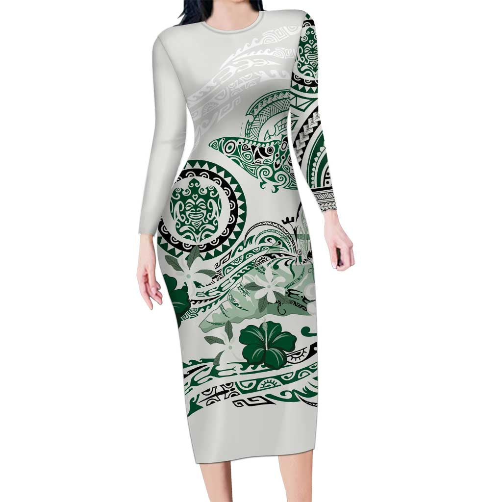 Polynesian Manta Ray Family Matching Long Sleeve Bodycon Dress and Hawaiian Shirt Green Floral Turtle Tattoo - Polynesian Pride
