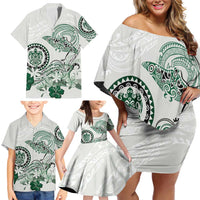 Polynesian Manta Ray Family Matching Off Shoulder Short Dress and Hawaiian Shirt Green Floral Turtle Tattoo - Polynesian Pride