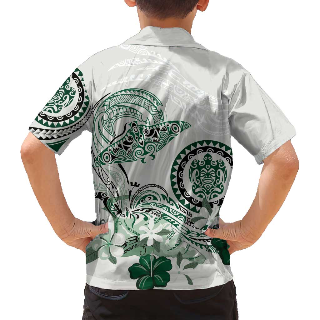 Polynesian Manta Ray Family Matching Puletasi and Hawaiian Shirt Green Floral Turtle Tattoo - Polynesian Pride