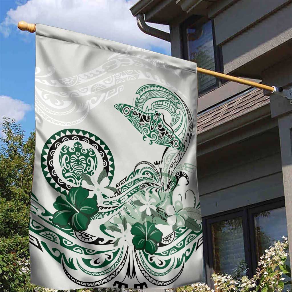 Polynesian Manta Ray Garden Flag Green Floral Turtle Tattoo - Polynesian Pride