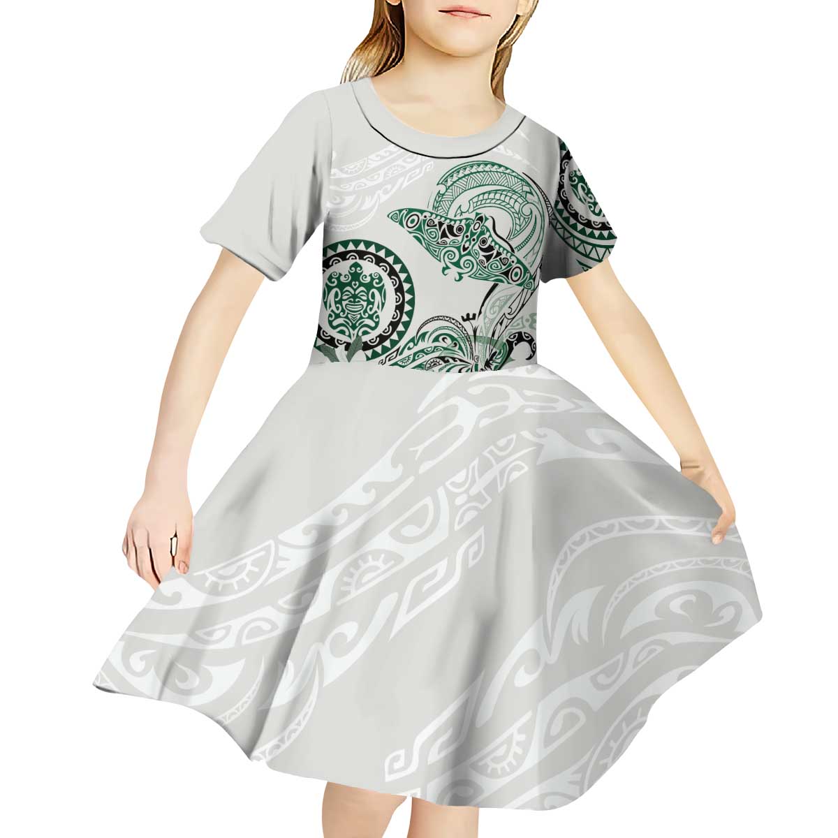 Polynesian Manta Ray Kid Short Sleeve Dress Green Floral Turtle Tattoo - Polynesian Pride