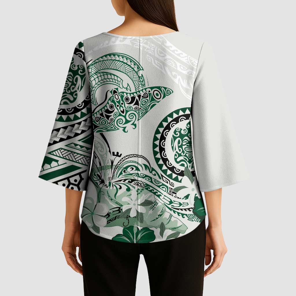 Polynesian Manta Ray Kimono Sleeve Blouse Green Floral Turtle Tattoo - Polynesian Pride