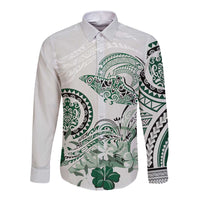 Polynesian Manta Ray Long Sleeve Button Shirt Green Floral Turtle Tattoo - Polynesian Pride