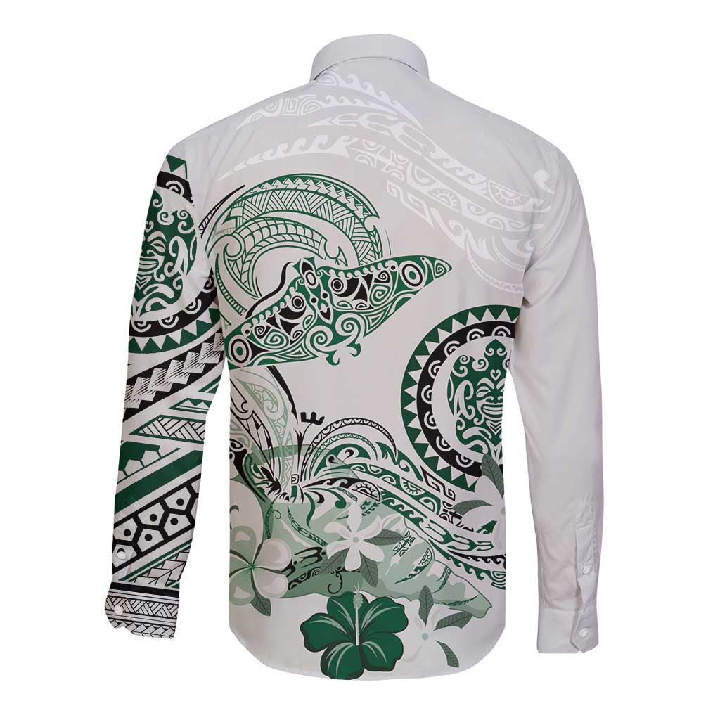 Polynesian Manta Ray Long Sleeve Button Shirt Green Floral Turtle Tattoo - Polynesian Pride