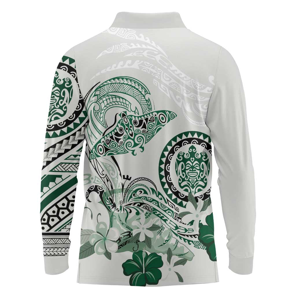 Polynesian Manta Ray Long Sleeve Polo Shirt Green Floral Turtle Tattoo - Polynesian Pride
