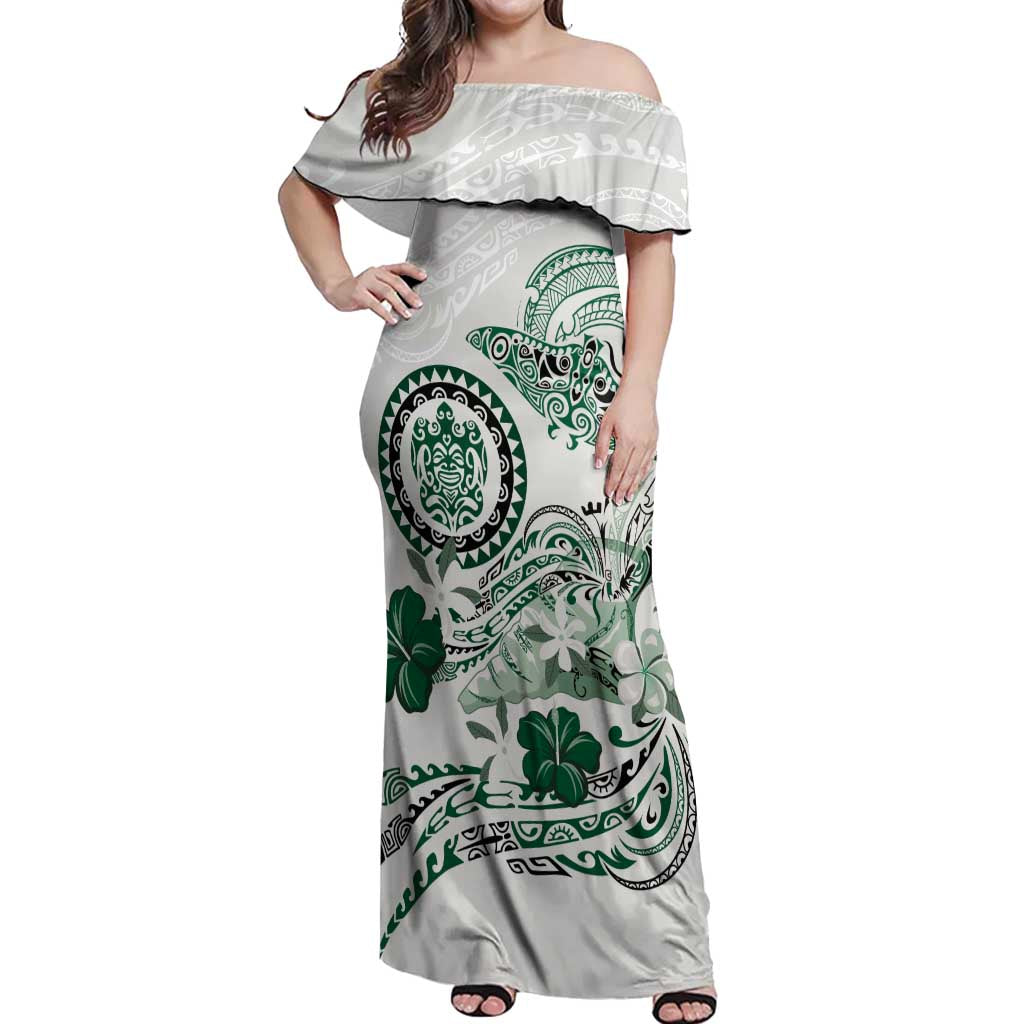 Polynesian Manta Ray Off Shoulder Maxi Dress Green Floral Turtle Tattoo - Polynesian Pride