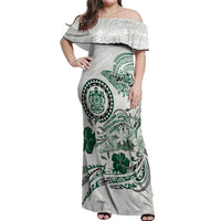 Polynesian Manta Ray Off Shoulder Maxi Dress Green Floral Turtle Tattoo - Polynesian Pride
