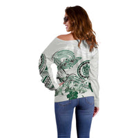 Polynesian Manta Ray Off Shoulder Sweater Green Floral Turtle Tattoo - Polynesian Pride