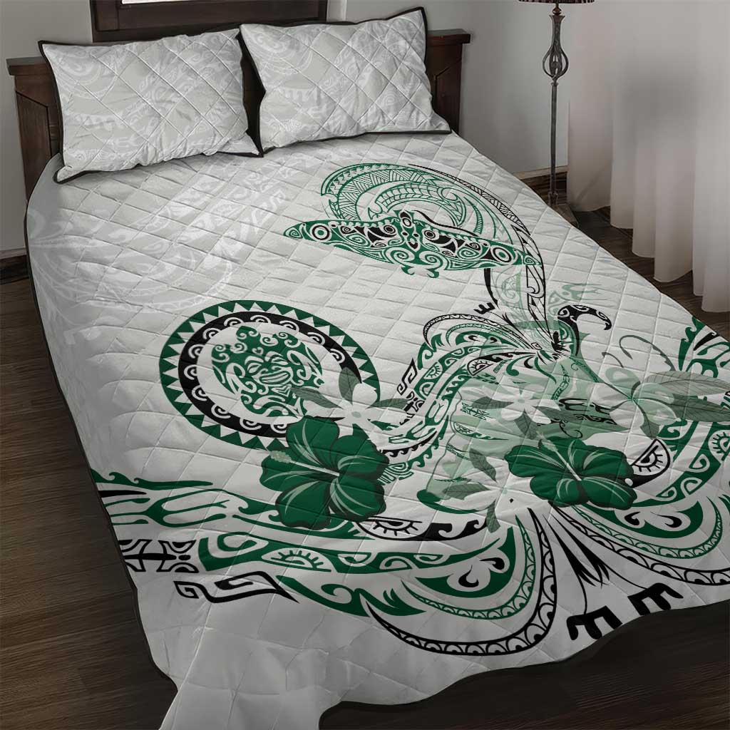 Polynesian Manta Ray Quilt Bed Set Green Floral Turtle Tattoo - Polynesian Pride