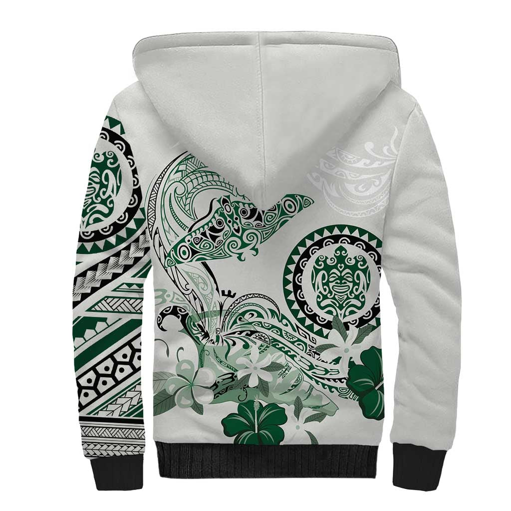 Polynesian Manta Ray Sherpa Hoodie Green Floral Turtle Tattoo - Polynesian Pride