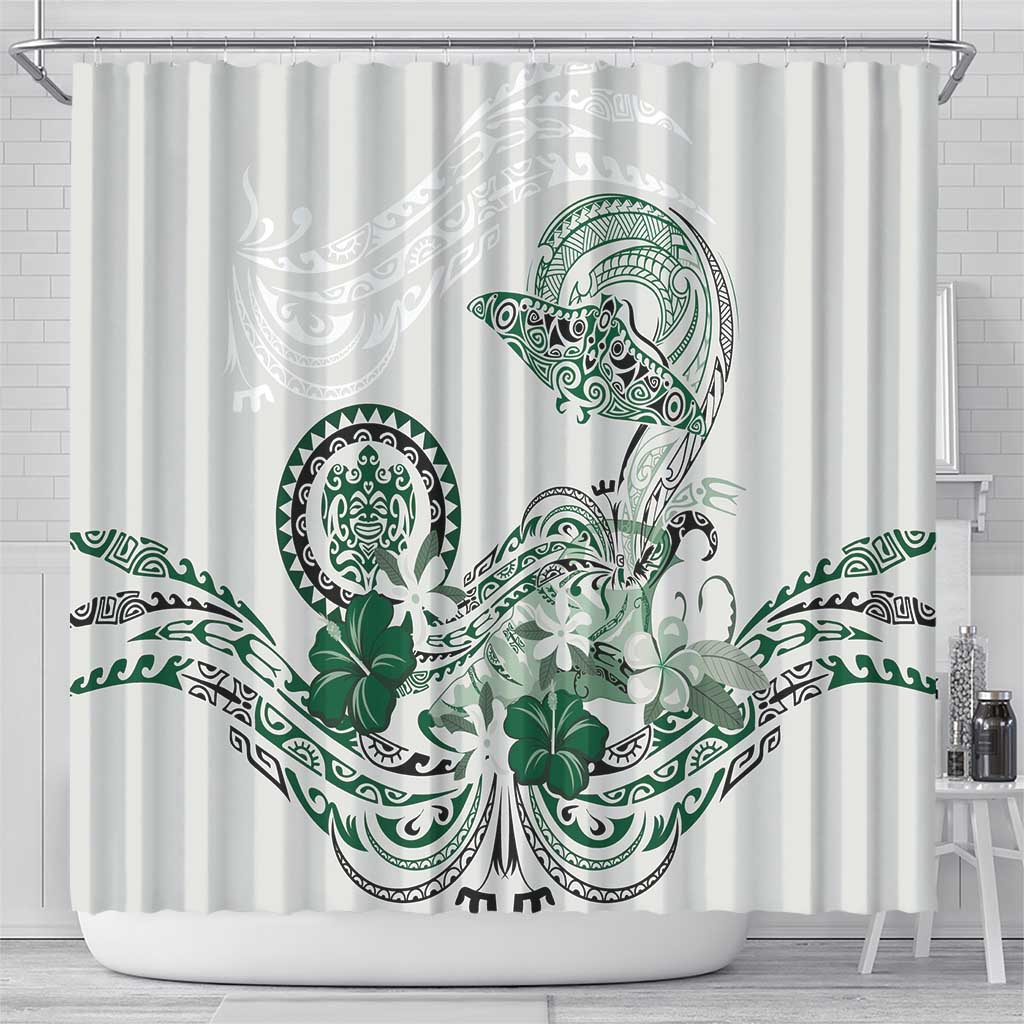 Polynesian Manta Ray Shower Curtain Green Floral Turtle Tattoo - Polynesian Pride
