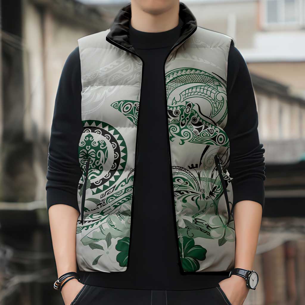 Polynesian Manta Ray Sleeveless Puffer Jacket Green Floral Turtle Tattoo - Polynesian Pride