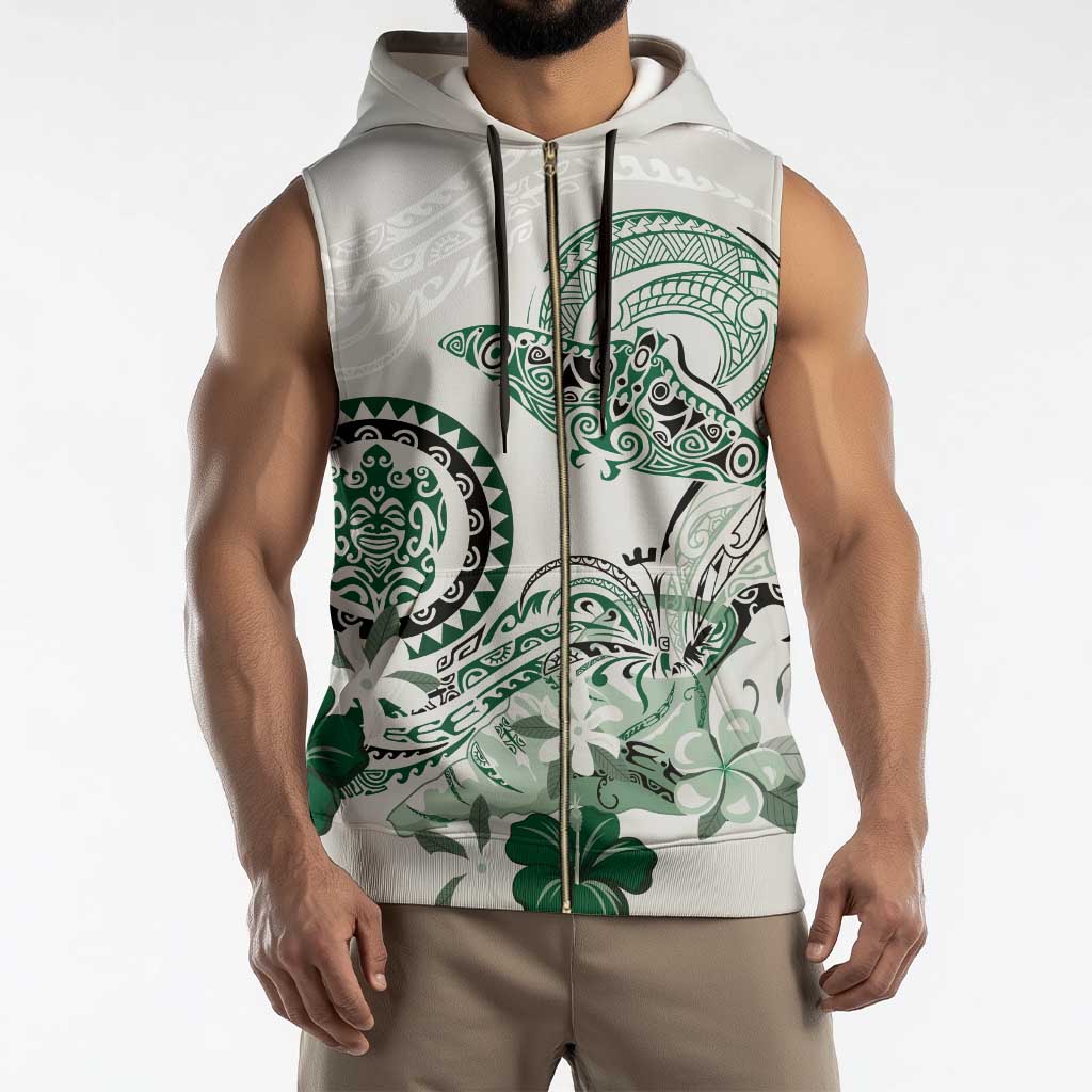 Polynesian Manta Ray Sleeveless Zip Hoodie Green Floral Turtle Tattoo - Polynesian Pride