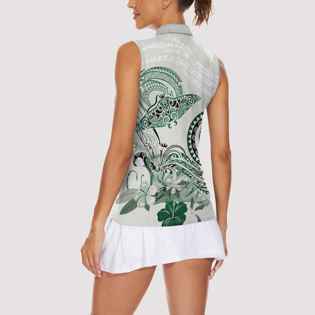Polynesian Manta Ray Women Sleeveless Polo Shirt Green Floral Turtle Tattoo - Polynesian Pride