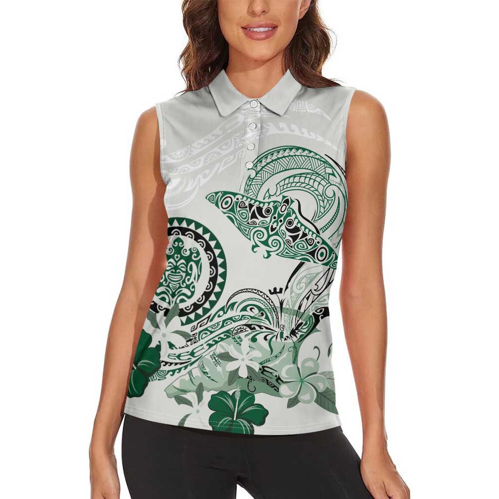 Polynesian Manta Ray Women Sleeveless Polo Shirt Green Floral Turtle Tattoo - Polynesian Pride