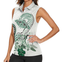 Polynesian Manta Ray Women Sleeveless Polo Shirt Green Floral Turtle Tattoo - Polynesian Pride