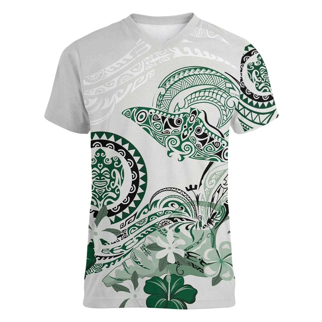 Polynesian Manta Ray Women V-Neck T-Shirt Green Floral Turtle Tattoo LT9 Female Green - Polynesian Pride