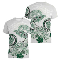 Polynesian Manta Ray Women V-Neck T-Shirt Green Floral Turtle Tattoo - Polynesian Pride