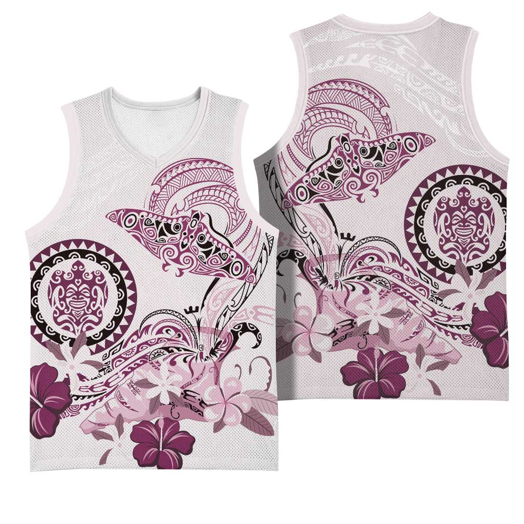 Polynesian Manta Ray Basketball Jersey Pink Floral Turtle Tattoo - Polynesian Pride