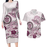 Polynesian Manta Ray Couples Matching Long Sleeve Bodycon Dress and Hawaiian Shirt Pink Floral Turtle Tattoo - Polynesian Pride