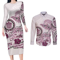 Polynesian Manta Ray Couples Matching Long Sleeve Bodycon Dress and Long Sleeve Button Shirt Pink Floral Turtle Tattoo - Polynesian Pride