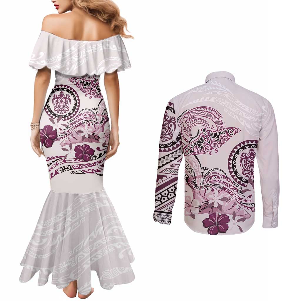 Polynesian Manta Ray Couples Matching Mermaid Dress and Long Sleeve Button Shirt Pink Floral Turtle Tattoo - Polynesian Pride