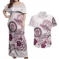 Polynesian Manta Ray Couples Matching Off Shoulder Maxi Dress and Hawaiian Shirt Pink Floral Turtle Tattoo - Polynesian Pride