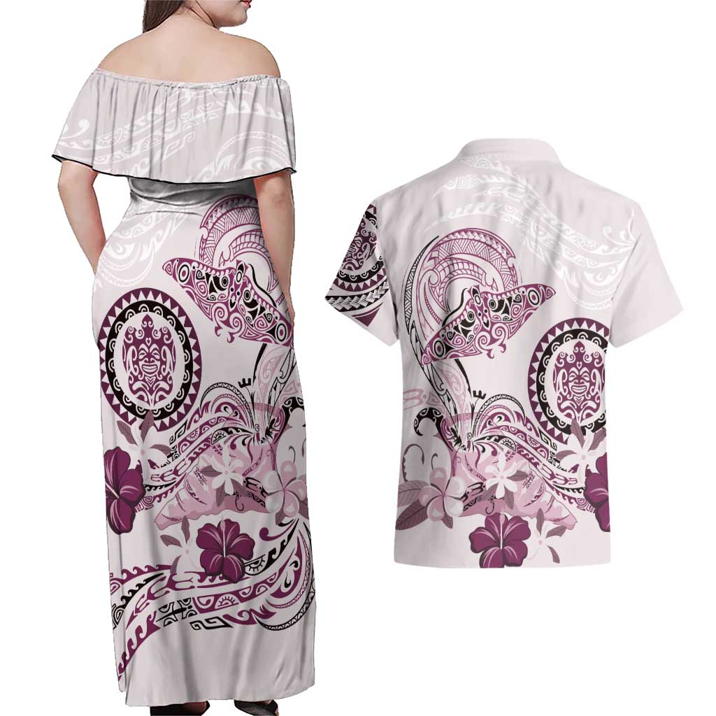Polynesian Manta Ray Couples Matching Off Shoulder Maxi Dress and Hawaiian Shirt Pink Floral Turtle Tattoo - Polynesian Pride