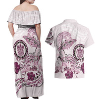 Polynesian Manta Ray Couples Matching Off Shoulder Maxi Dress and Hawaiian Shirt Pink Floral Turtle Tattoo - Polynesian Pride
