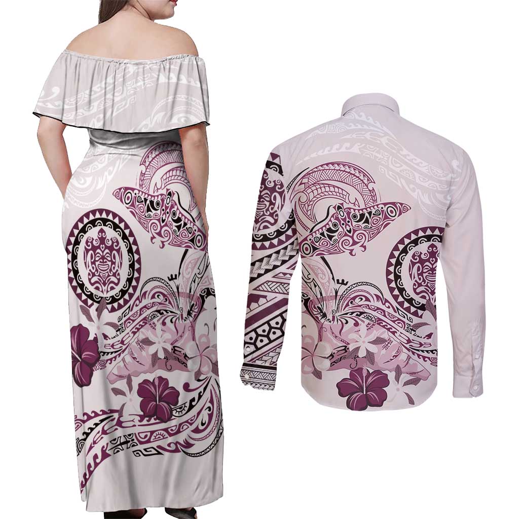 Polynesian Manta Ray Couples Matching Off Shoulder Maxi Dress and Long Sleeve Button Shirt Pink Floral Turtle Tattoo - Polynesian Pride