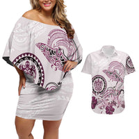 Polynesian Manta Ray Couples Matching Off Shoulder Short Dress and Hawaiian Shirt Pink Floral Turtle Tattoo - Polynesian Pride