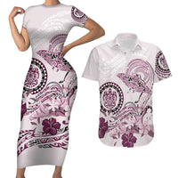 Polynesian Manta Ray Couples Matching Short Sleeve Bodycon Dress and Hawaiian Shirt Pink Floral Turtle Tattoo - Polynesian Pride