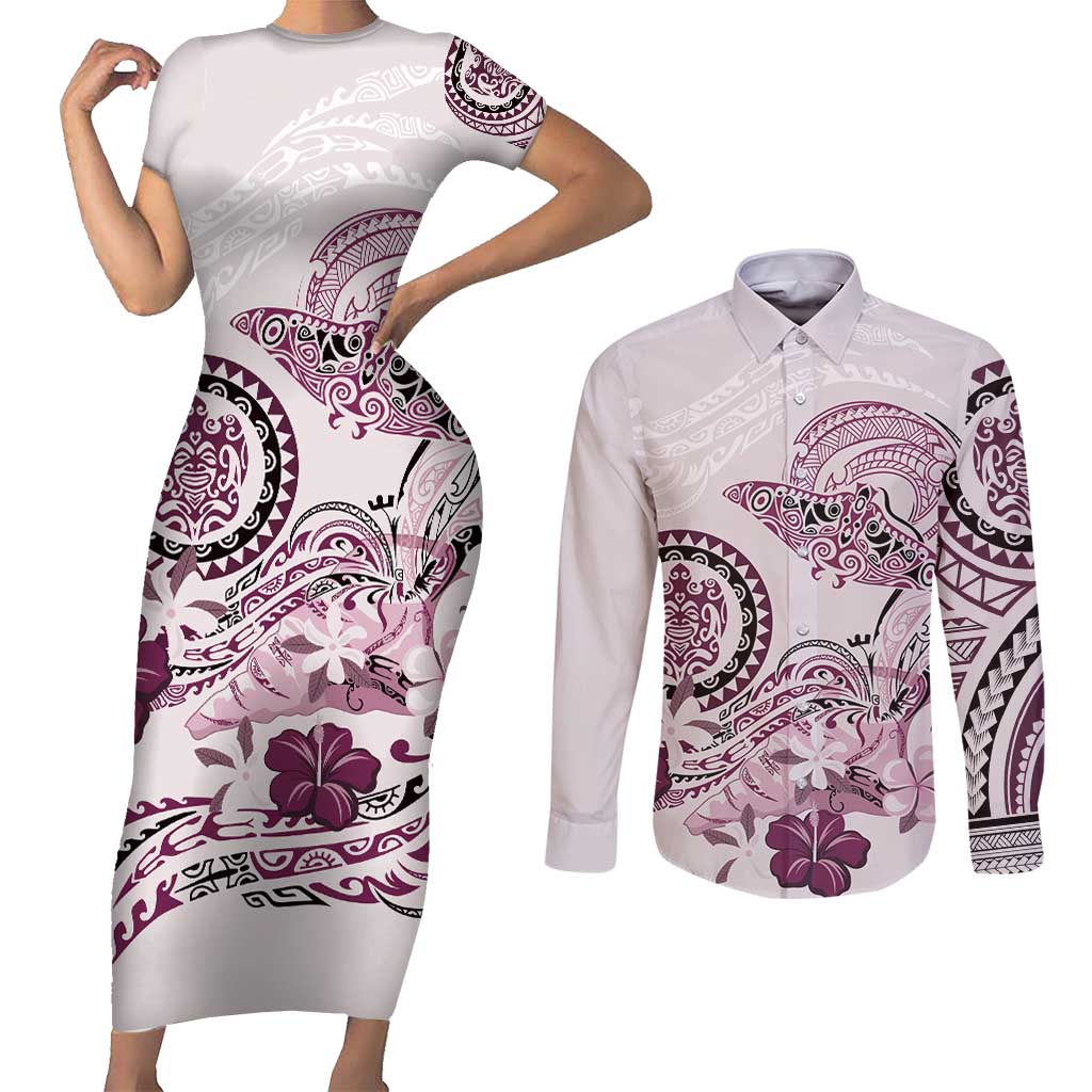 Polynesian Manta Ray Couples Matching Short Sleeve Bodycon Dress and Long Sleeve Button Shirt Pink Floral Turtle Tattoo - Polynesian Pride